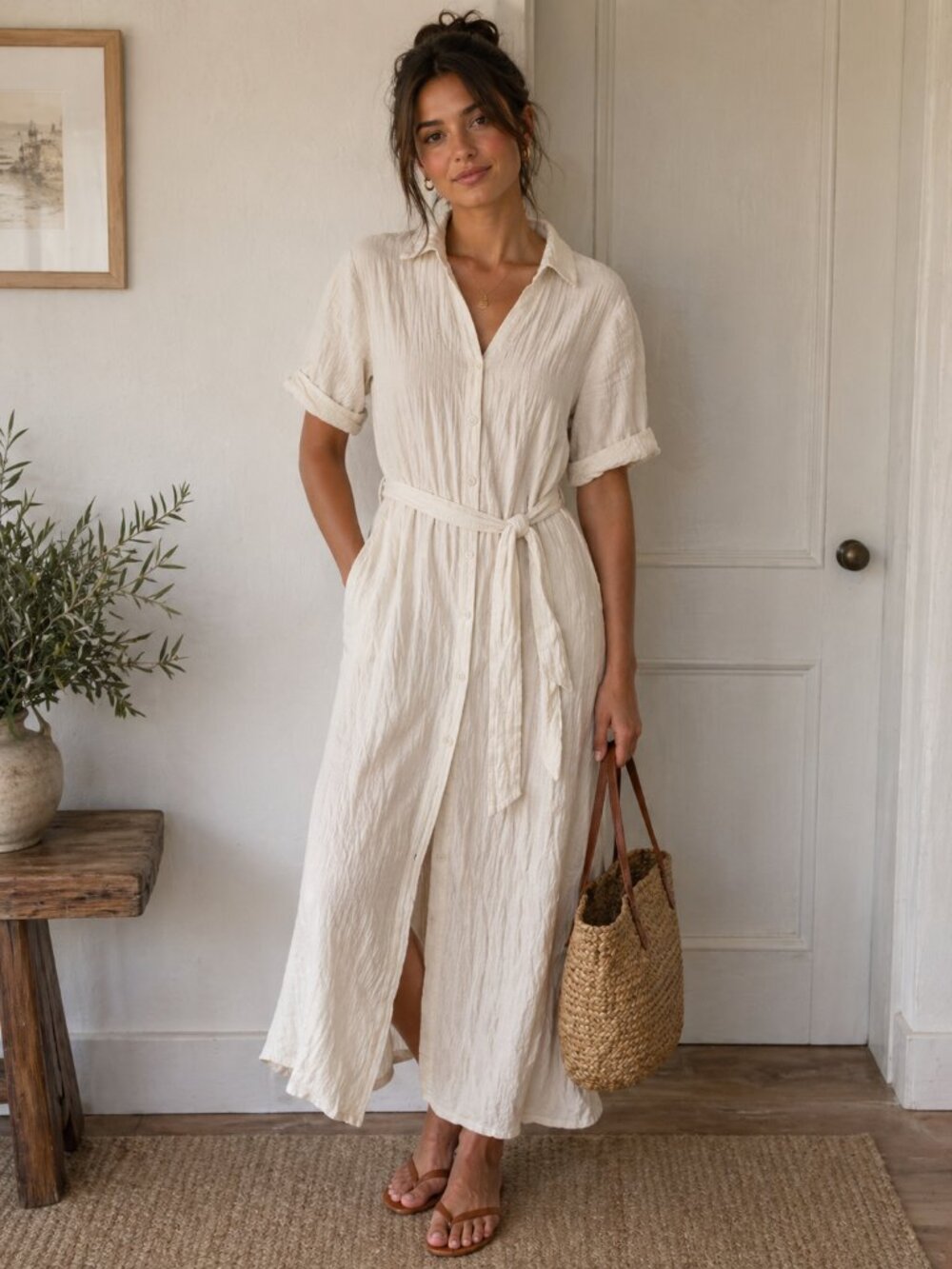 Chico's Maxi Midi Dress White Gauze Short Sleeve Shirt Coverup size 1 US 8-10